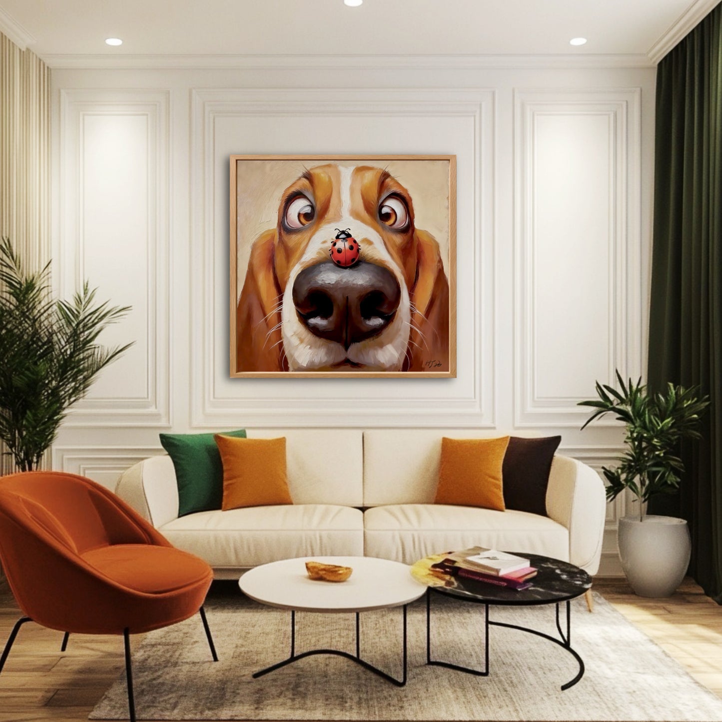Humorous dog painting hangs in a formal, eclectic living room with white wall molding, a white sofa, and a bold orange chair.