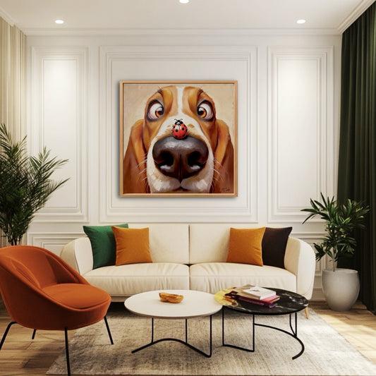Humorous dog painting hangs in a formal, eclectic living room with white wall molding, a white sofa, and a bold orange chair.