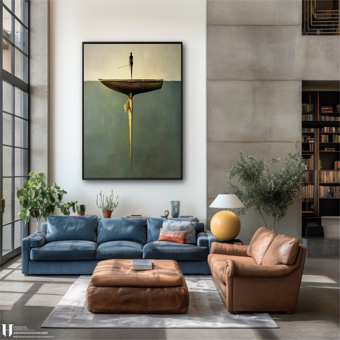 The surreal painting's warm and cool tones unite the blue sofa and brown leather chair in this modern, industrial-style living room.