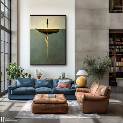 The surreal painting's warm and cool tones unite the blue sofa and brown leather chair in this modern, industrial-style living room.
