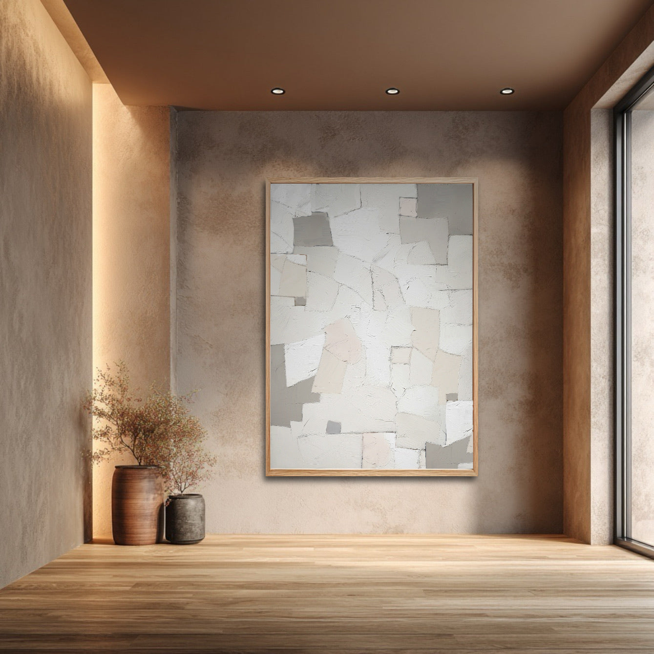 Abstract art piece on a textured wall with a wooden shelf and decorative plants.