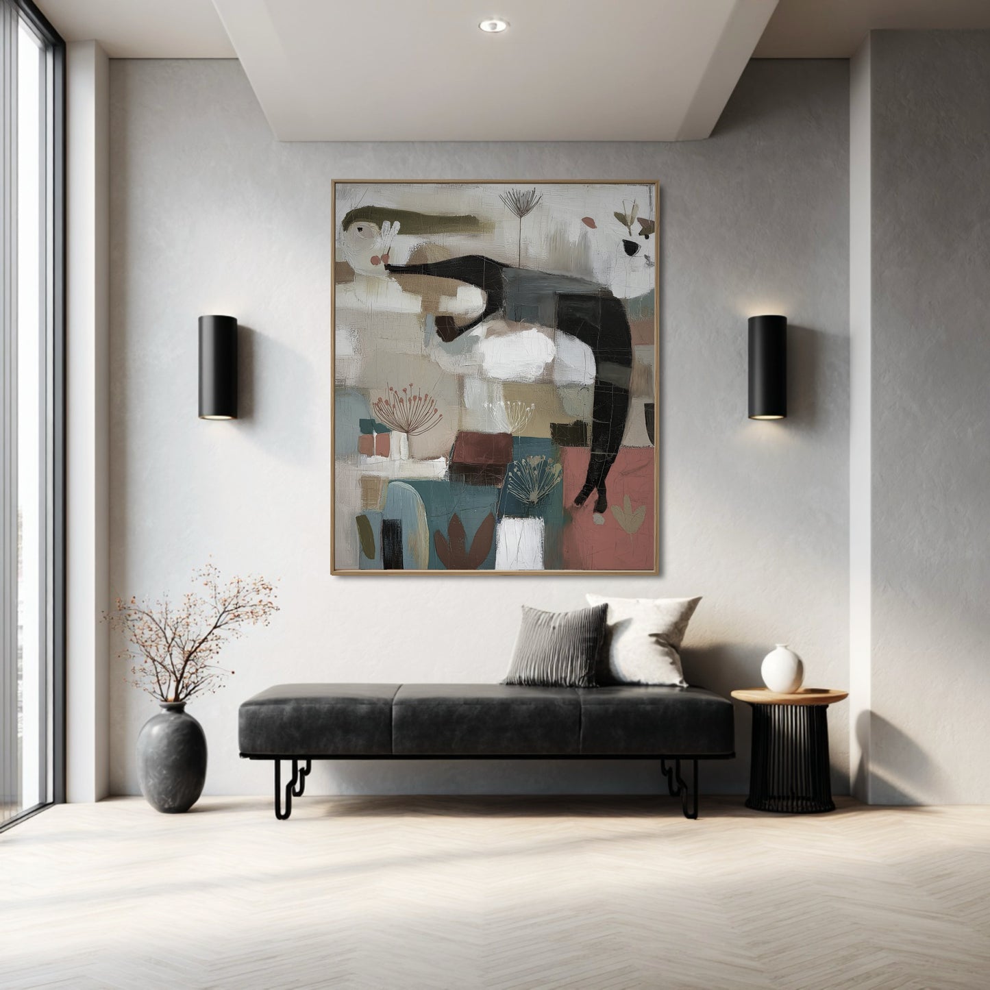 Colorful abstract painting contrasts beautifully with the modern black sconces and leather bench in this airy, bright room.