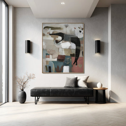 Colorful abstract painting contrasts beautifully with the modern black sconces and leather bench in this airy, bright room.