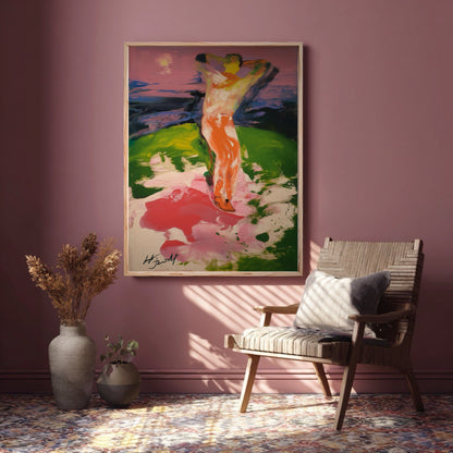 Hand-painted abstract golf canvas on a dusty pink wall. The artwork's hues blend seamlessly with the eclectic boho interior.