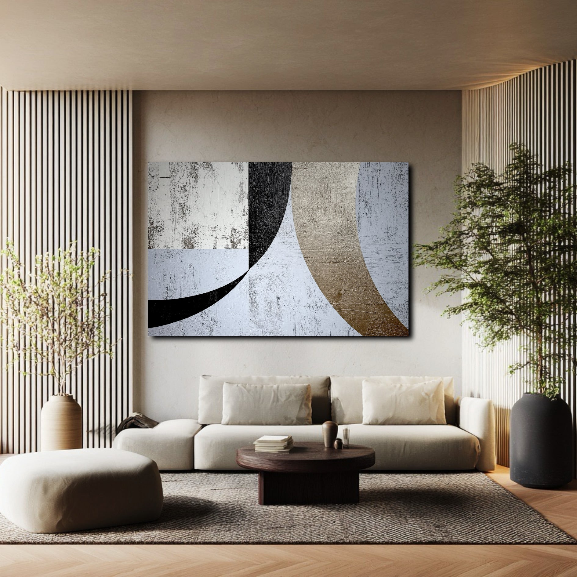 Large geometric abstract with gold curves on a wall with wood slat accents above a low-profile sofa in a Japandi-style room.
