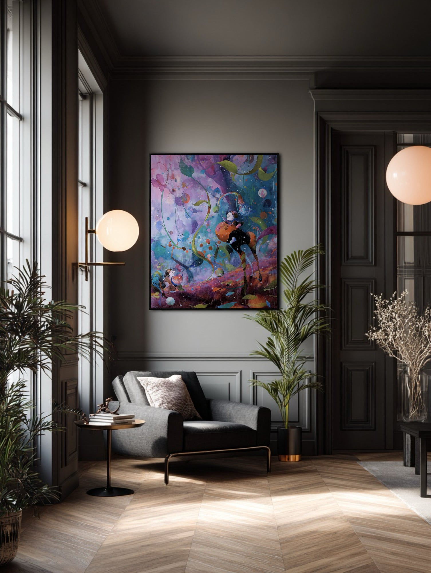 Deep-toned room enhanced by vibrant fantasy art; the painting's bright colors illuminate the dark wainscoting and rich, moody atmosphere.