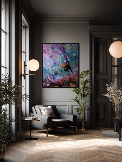 Deep-toned room enhanced by vibrant fantasy art; the painting's bright colors illuminate the dark wainscoting and rich, moody atmosphere.