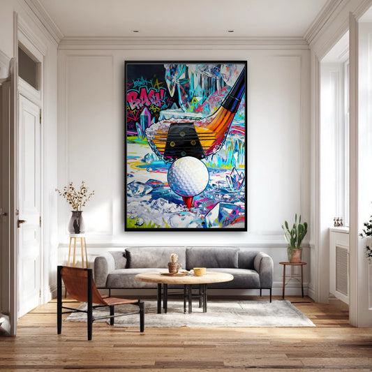 Colorful street art golf painting in bright living room. Vibrant canvas adds energy to white walls and classic home decor.