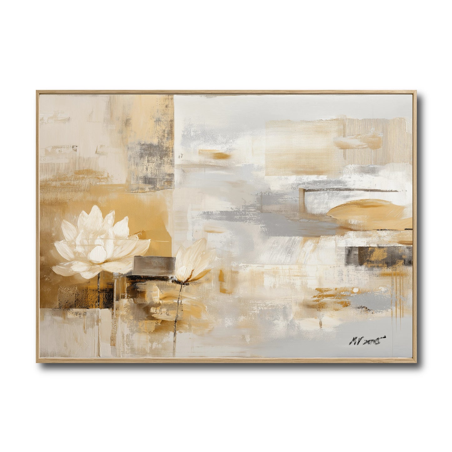 Original abstract painting of a white lotus. Features warm gold, beige, and grey tones. A modern, serene, neutral-tone art piece.