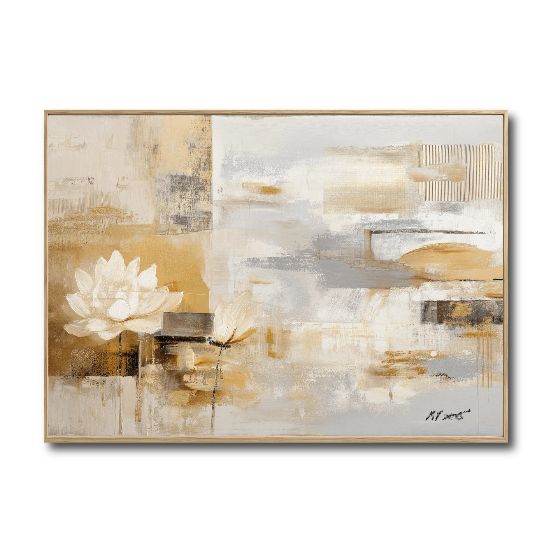 Original abstract painting of a white lotus. Features warm gold, beige, and grey tones. A modern, serene, neutral-tone art piece.