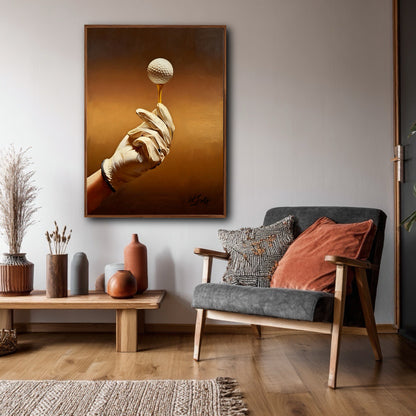 Classic golf canvas art above a retro grey chair. Warm tones complement the burnt orange pillows in this earthy, cozy nook.