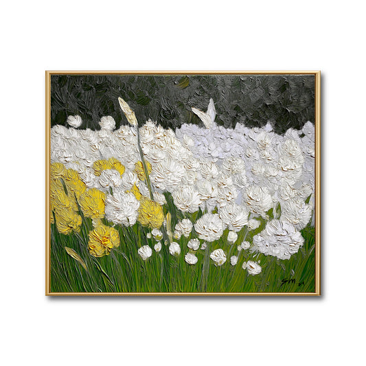 Original impasto floral painting. White and yellow blooms on dark green. Textured neutral tone wall art with high contrast.