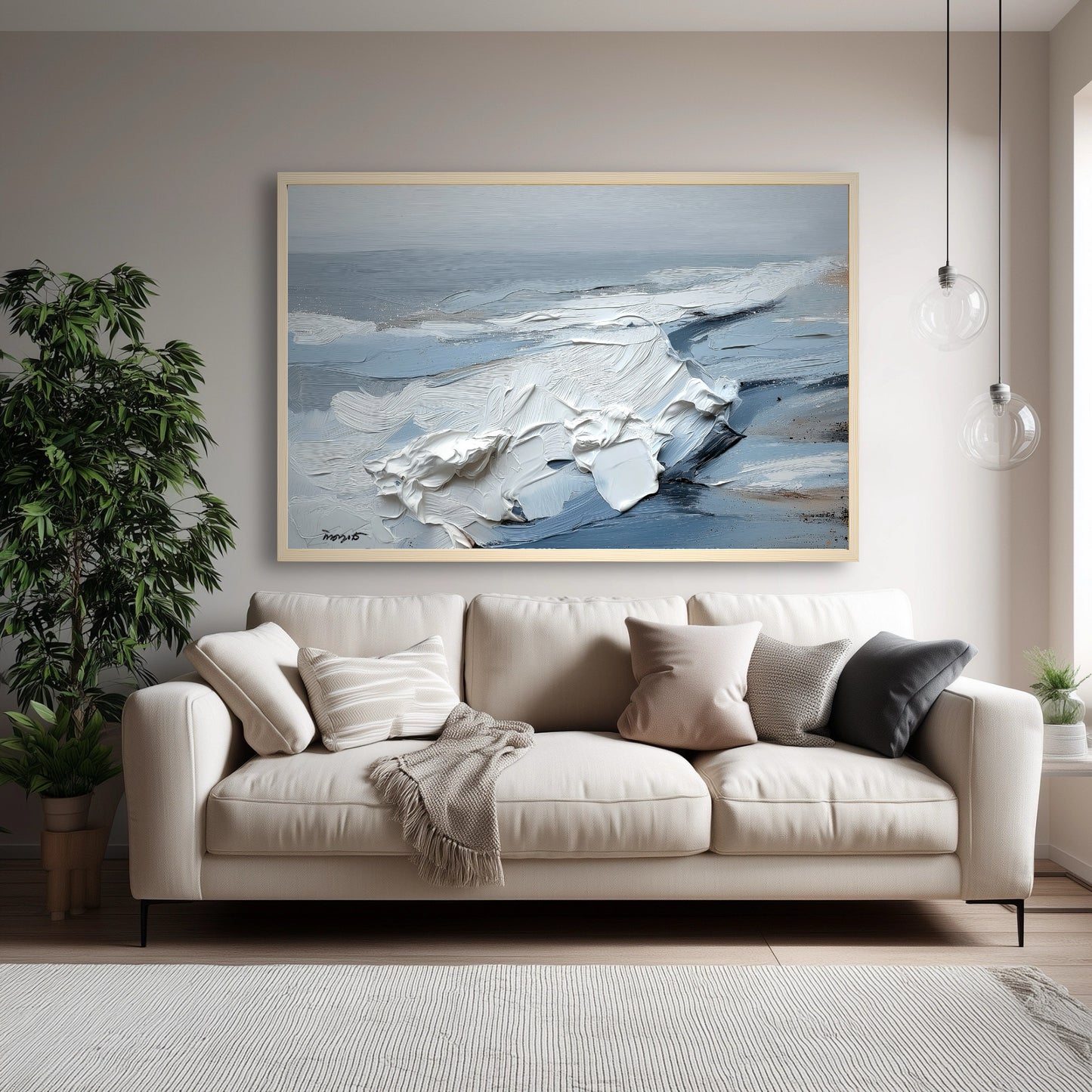 A large abstract coastal painting adds cool, impasto texture above a soft cream sofa, balancing the room's warm minimalism.