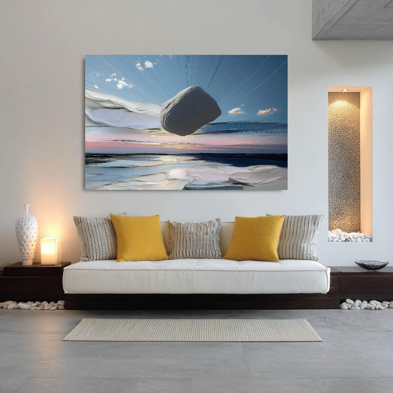 Ethereal art creating a serene Vibe/Atmosphere above a dark wood base sofa, contrasting warm yellow cushions and zen pebbles.