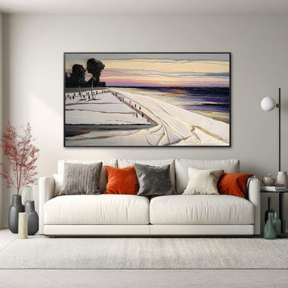 Original impasto boardwalk art contrasts with bold orange and gray pillows on a white sofa, creating a vivid, contemporary focus for the living area.