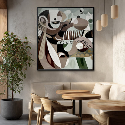 This abstract painting's earthy tones and organic shapes perfectly complement the light wood furniture of a modern, natural-themed cafe.