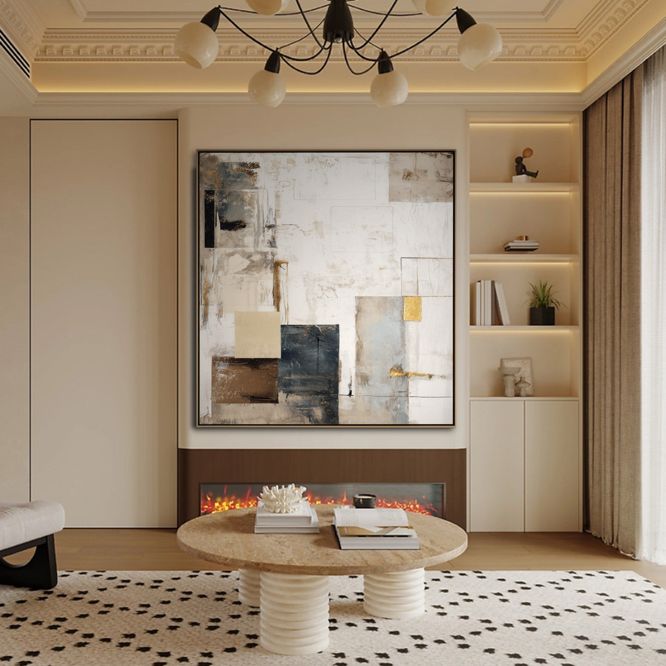 A room pic shows an expressionist deco painting, creating elegant, calm, cozy, minimalist, vintage, and sophisticated vibes.