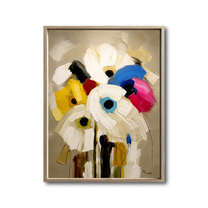 Original abstract floral painting, impasto texture. Warm neutral background with vibrant blue, pink, and yellow bloom accents.