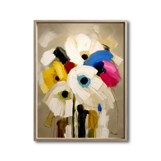 Original abstract floral painting, impasto texture. Warm neutral background with vibrant blue, pink, and yellow bloom accents.