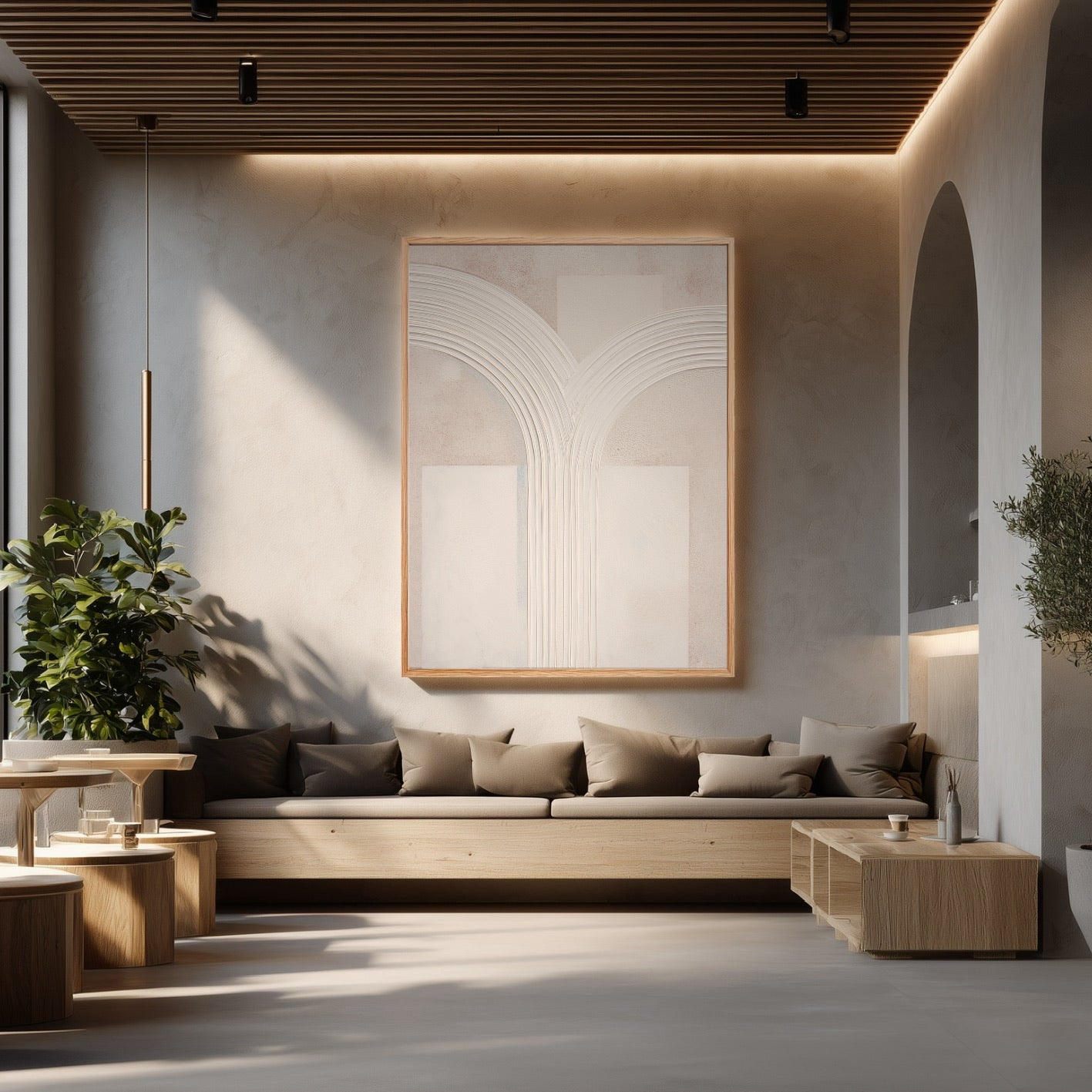 Large minimalist arch painting in a serene, modern lounge with concrete floors and a long wooden bench sofa.