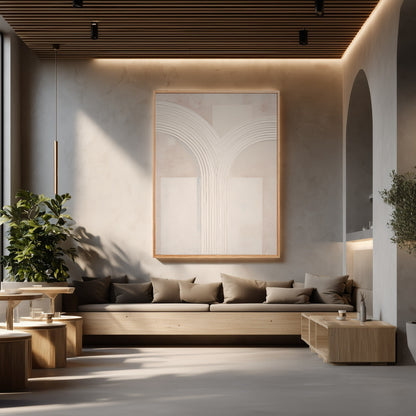 Large minimalist arch painting in a serene, modern lounge with concrete floors and a long wooden bench sofa.