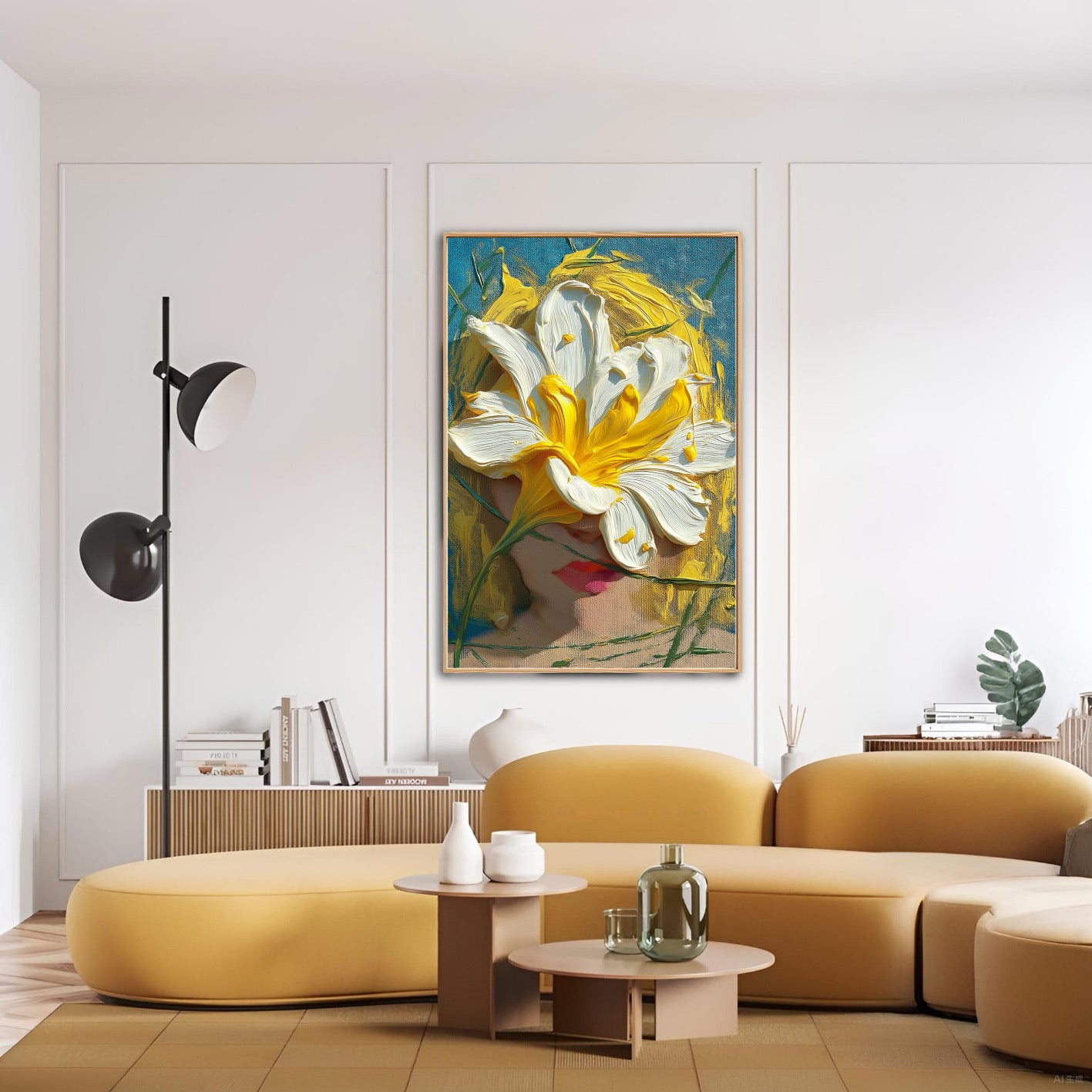 Expressive white and yellow art adds joy to a contemporary living space. The yellows match the throw pillows and fresh florals above the teal sofa.