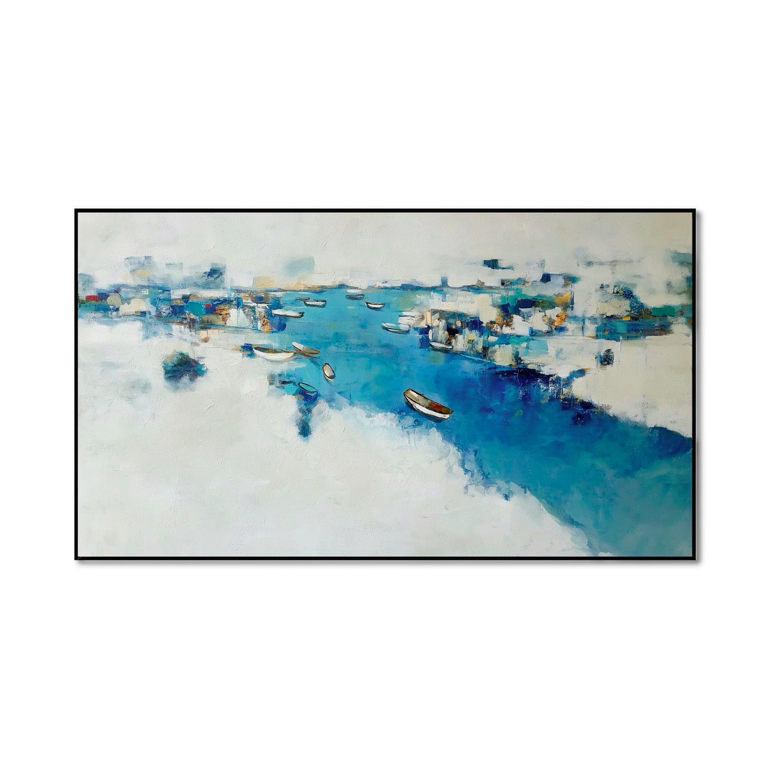 Original hand-painted abstract harbor oil painting. Tranquil blue, white, and gold nautical art with multiple boats, modern coastal style.