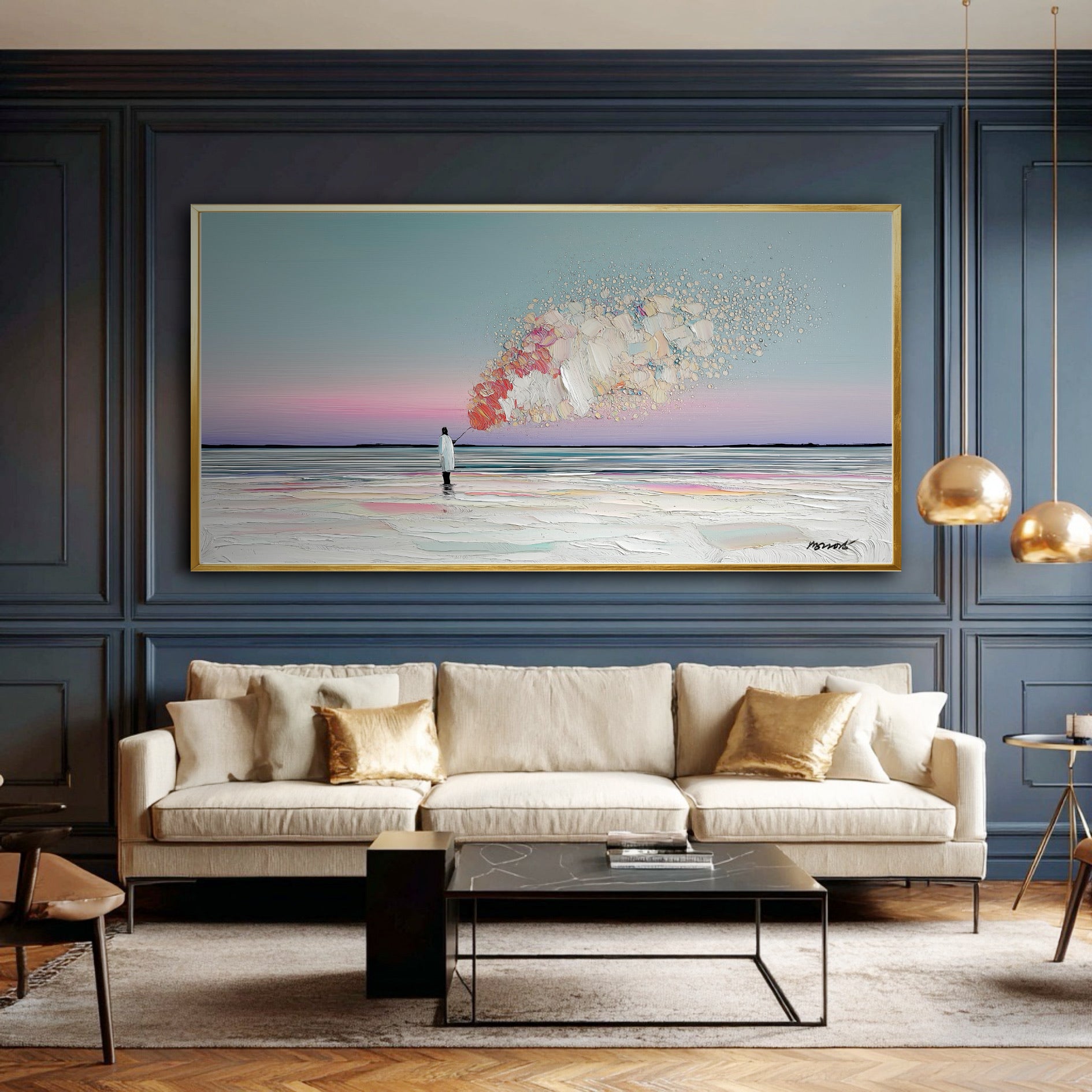 The painting's bright, dreamlike colors create a stunning contrast against the dark navy blue paneled walls of an elegant room.