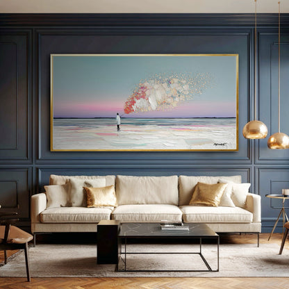 The painting's bright, dreamlike colors create a stunning contrast against the dark navy blue paneled walls of an elegant room.