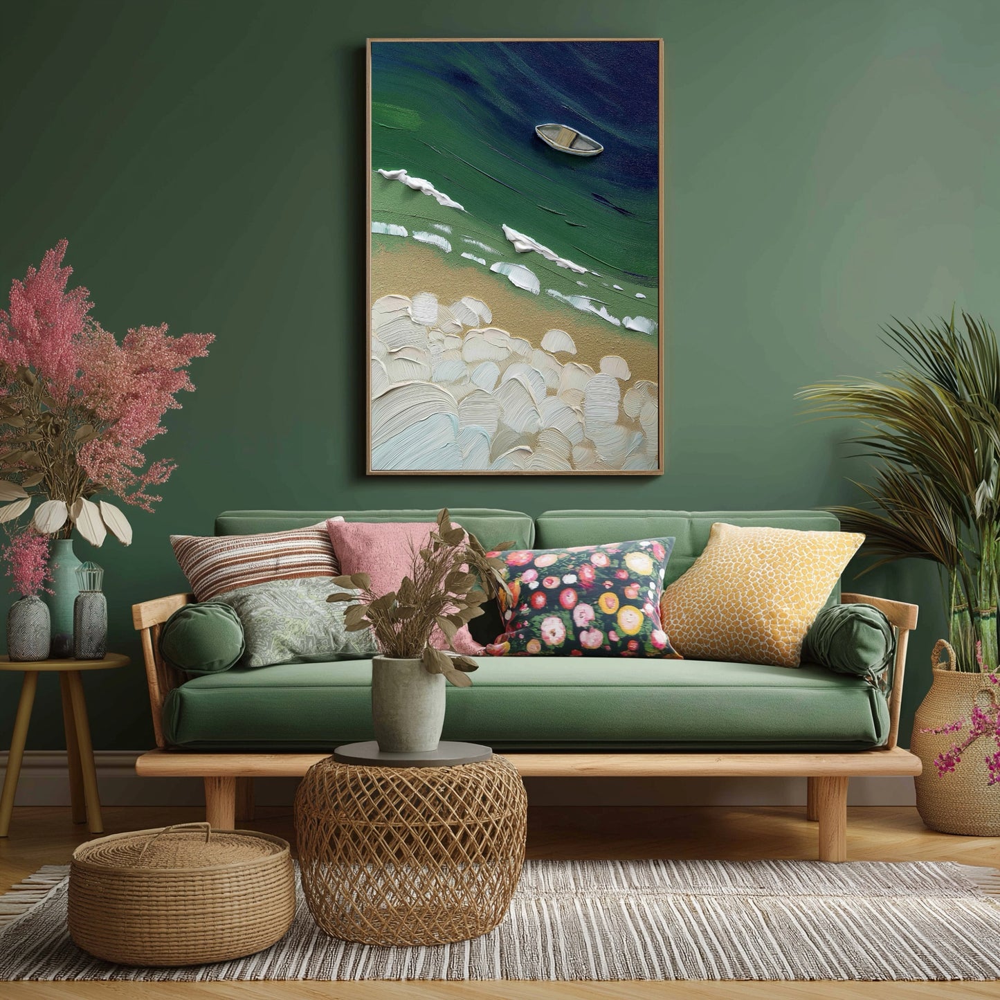 Vertical impasto coastal painting blending with the deep green wall, serving as a textural backdrop for the bohemian sofa and colorful pillows.