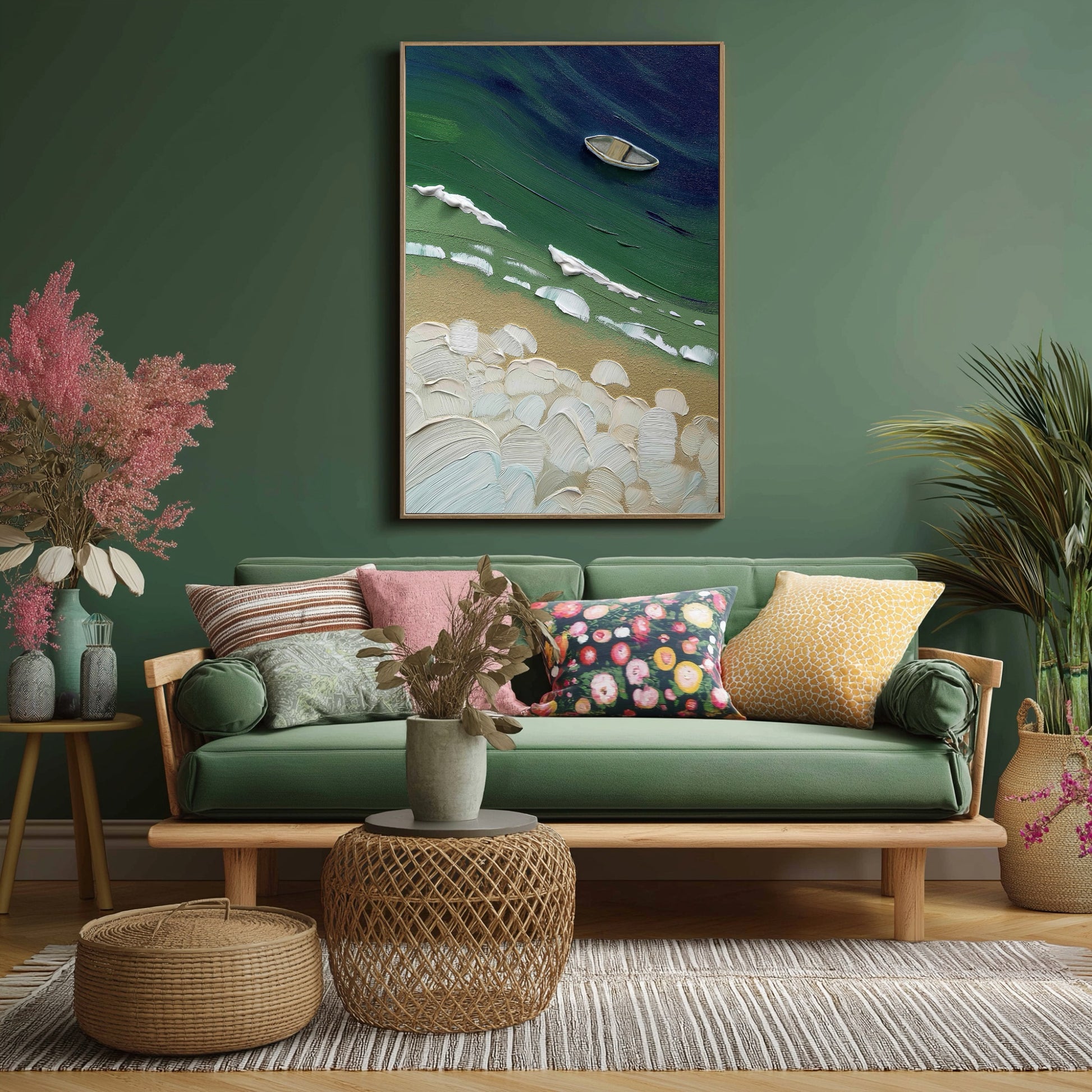 Vertical impasto coastal painting blending with the deep green wall, serving as a textural backdrop for the bohemian sofa and colorful pillows.