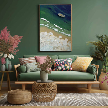 Vertical impasto coastal painting blending with the deep green wall, serving as a textural backdrop for the bohemian sofa and colorful pillows.