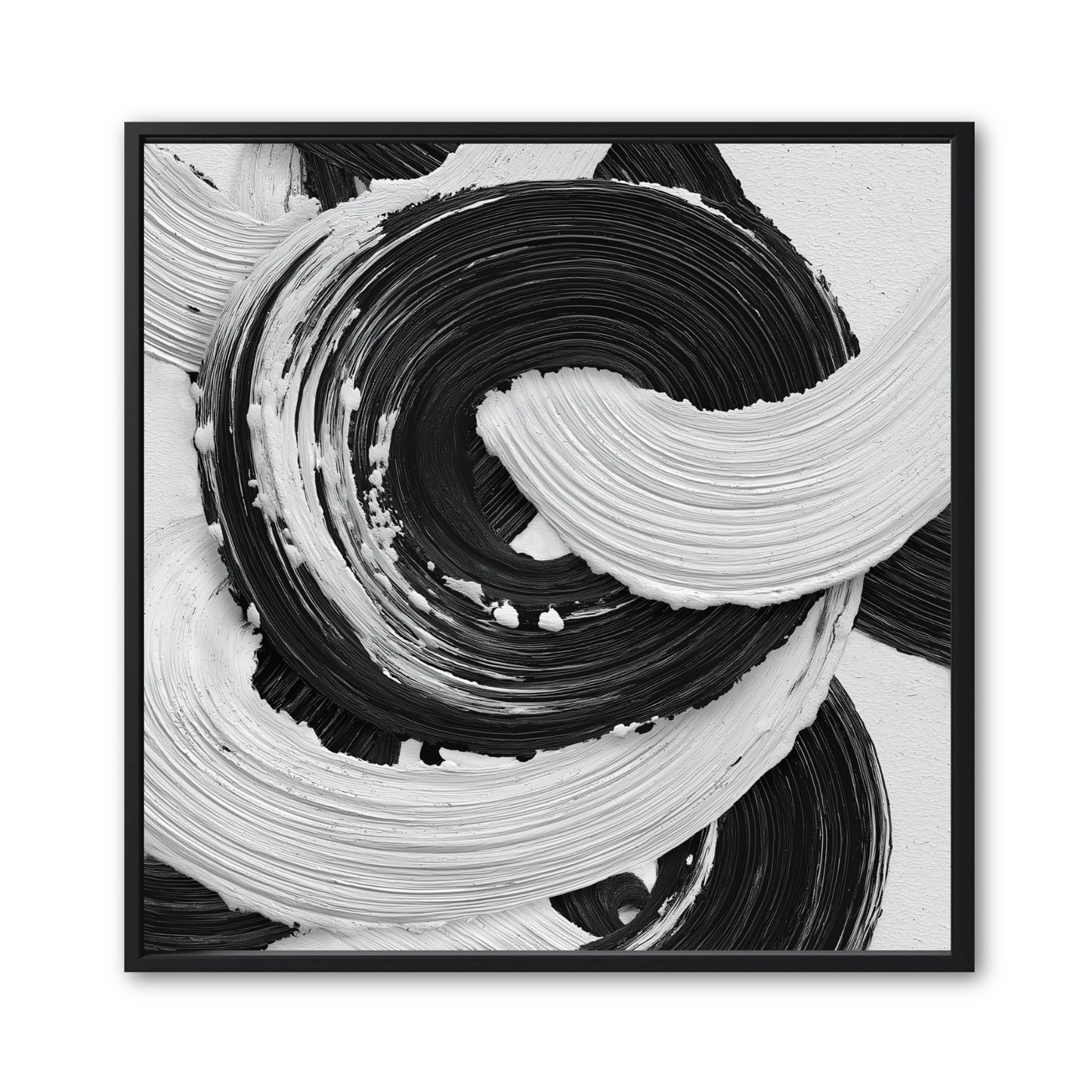 Original black and white abstract art. A square, high-contrast impasto painting with a swirling, circular gestural motion.