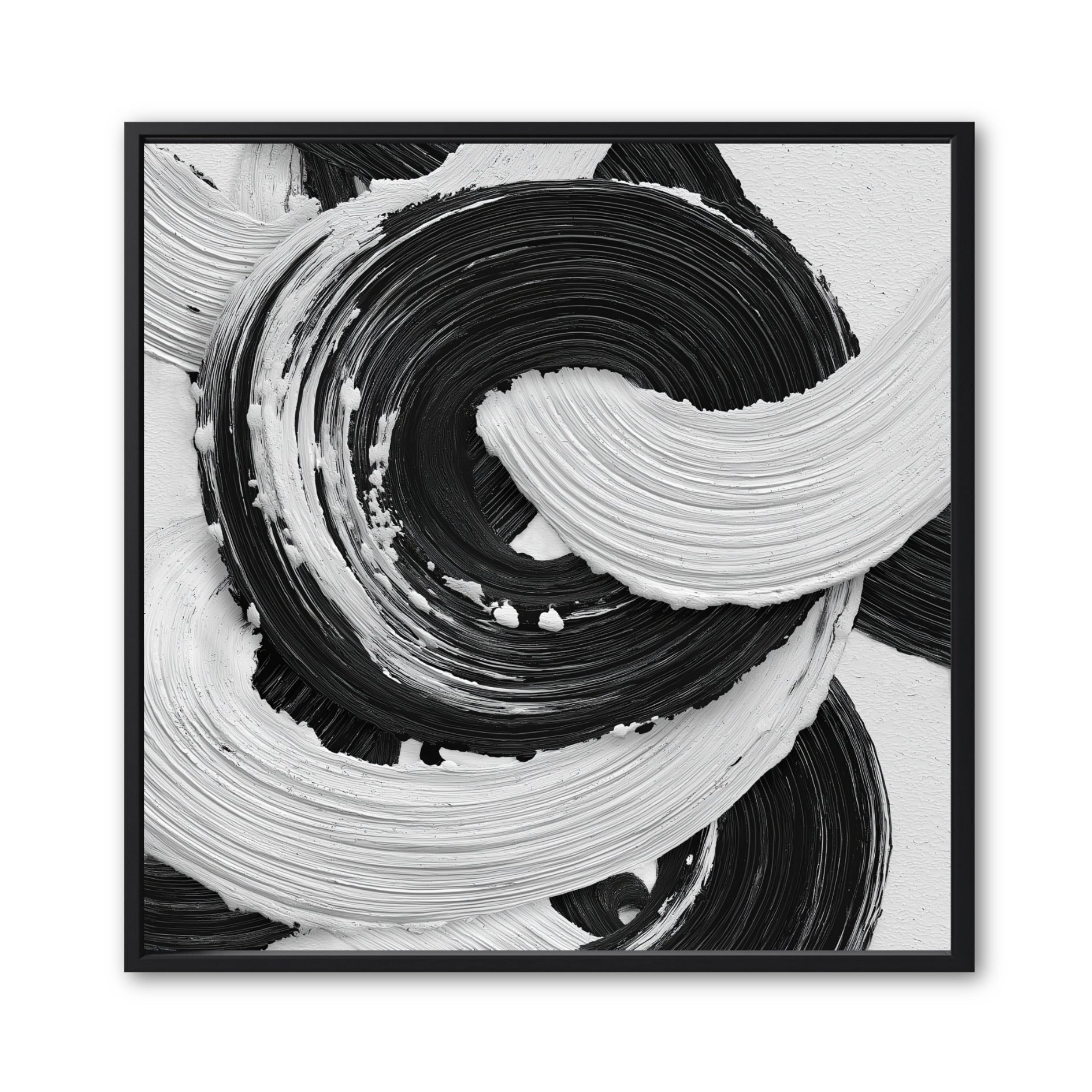 Original black and white abstract art. A square, high-contrast impasto painting with a swirling, circular gestural motion.