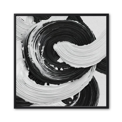 Original black and white abstract art. A square, high-contrast impasto painting with a swirling, circular gestural motion.