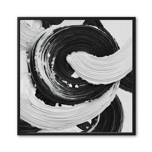 Original black and white abstract art. A square, high-contrast impasto painting with a swirling, circular gestural motion.