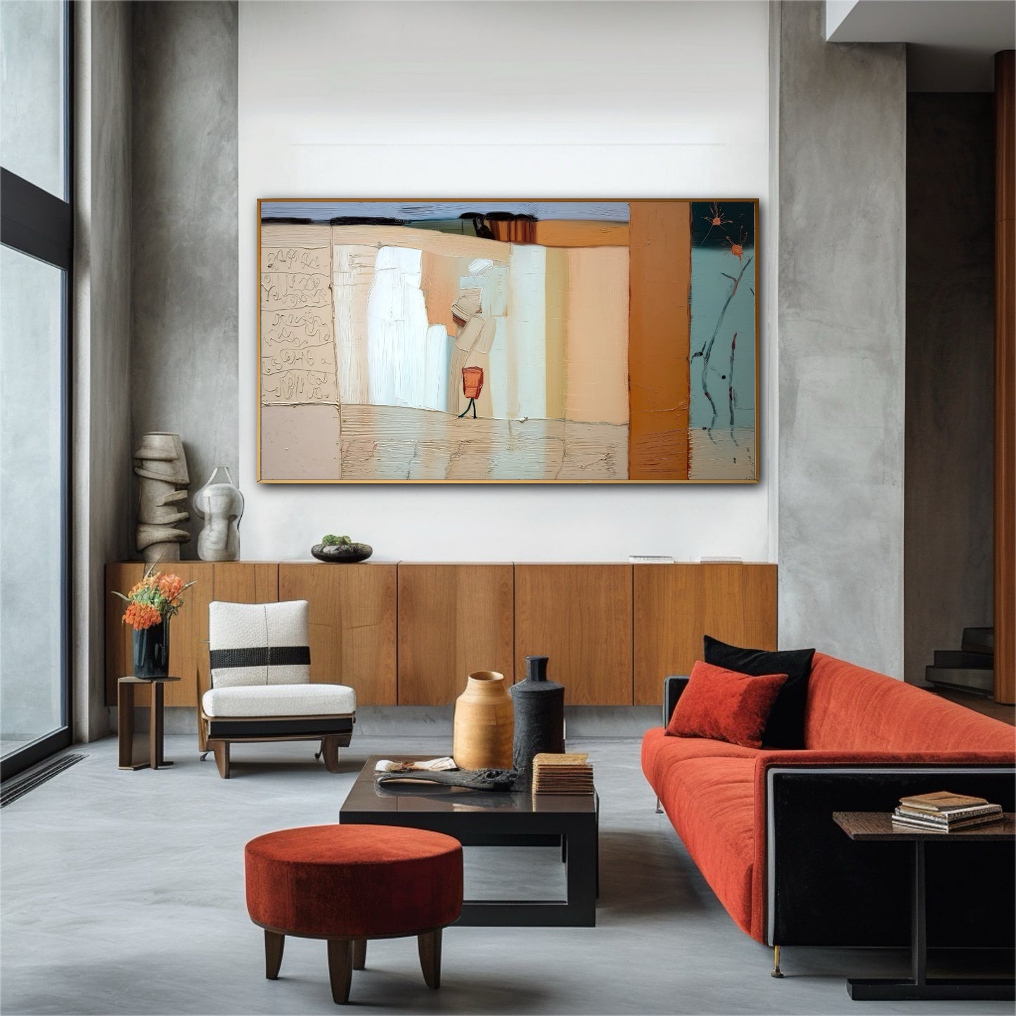 A large, textured abstract painting hangs on a tall concrete wall above a wood credenza in a modern, minimalist living room.