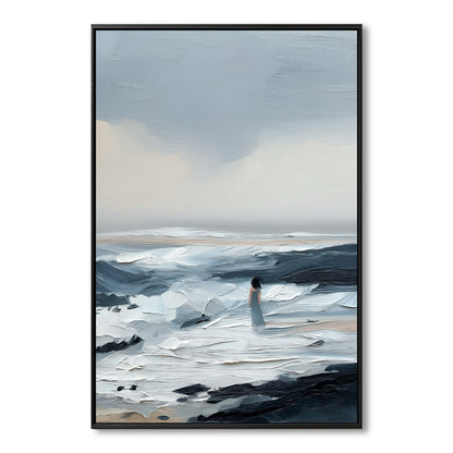 Original abstract painting of a woman in the ocean. Features heavy impasto texture in cool tones of blue, white, and black.