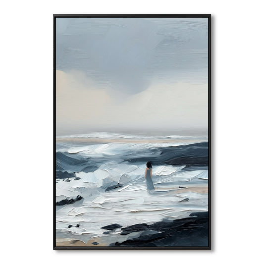 Original abstract painting of a woman in the ocean. Features heavy impasto texture in cool tones of blue, white, and black.