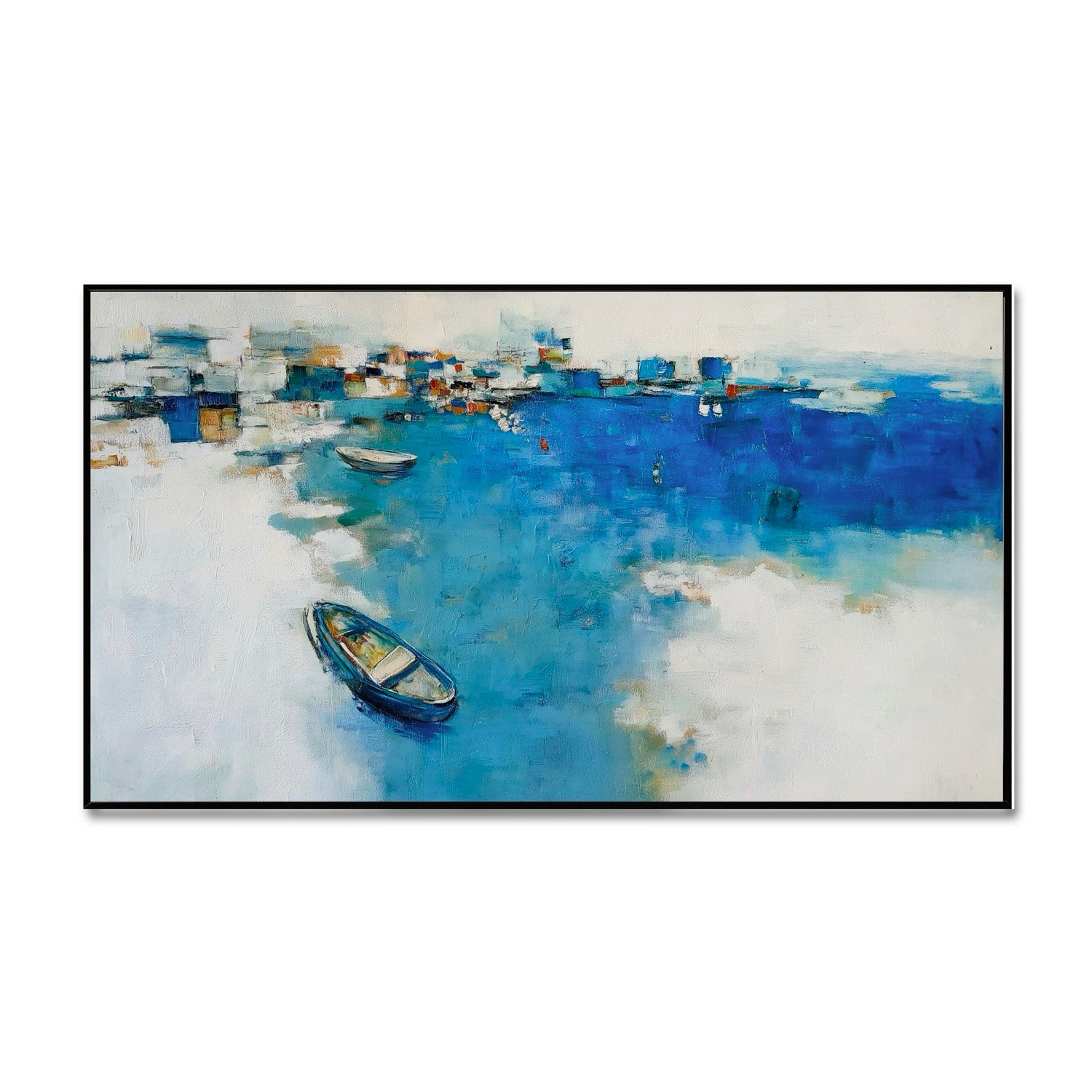 Original hand-painted abstract harbor oil painting. Blue and white fluid nautical art with two boats, modern coastal style.