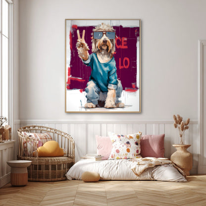 Funky dog painting hangs over a cozy floor bed with pink pillows and a wicker chair. Adds a playful, colorful contrast to the hygge decor.