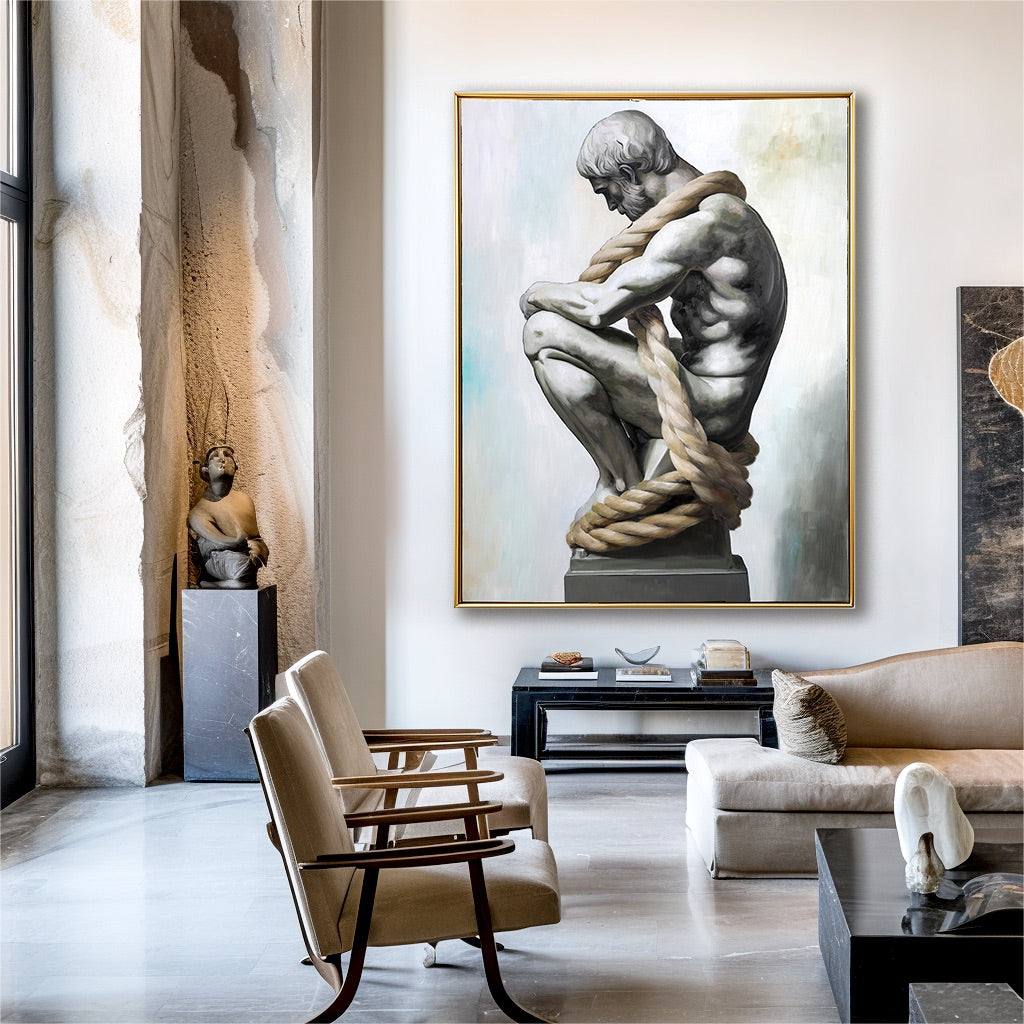 Living room with a large framed sculpture of a nude figure on the wall.