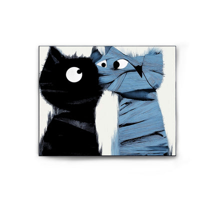 Original abstract two-cat wall art print, modern black and cool blue feline painting, expressive hand-painted style.