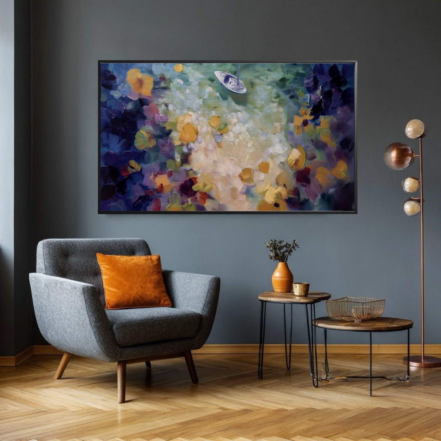 Abstract gold and blue boat art offering a vibrant contrast against a moody dark grey wall and chair, completing a sophisticated reading nook.