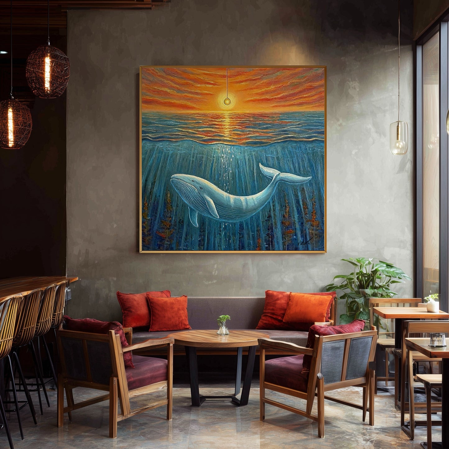 A large whale and sunset painting hangs on a concrete wall in a modern industrial cafe, above a banquette with orange pillows.