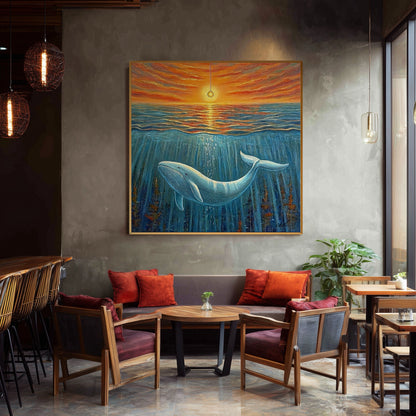 A large whale and sunset painting hangs on a concrete wall in a modern industrial cafe, above a banquette with orange pillows.