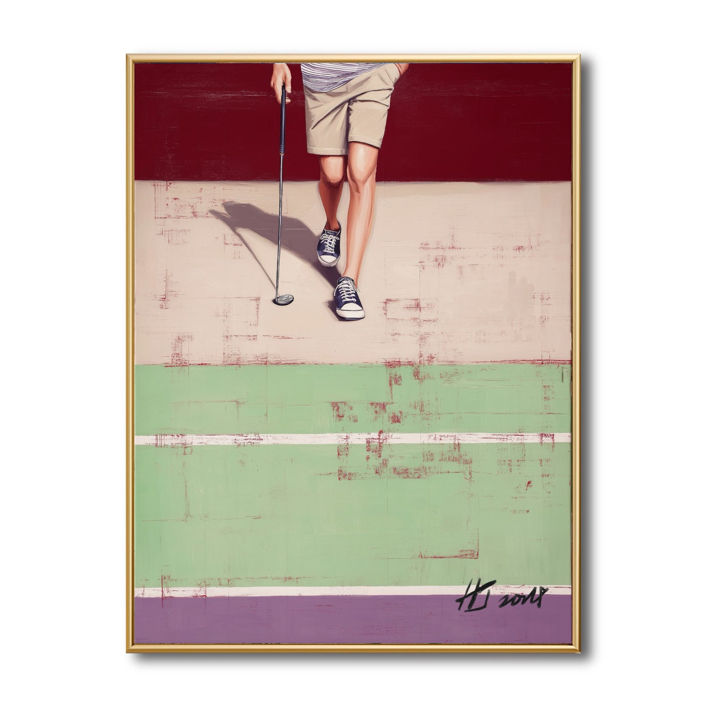Original geometric golf painting of legs walking. Burgundy, beige, and mint green color blocks create a modern graphic vibe.
