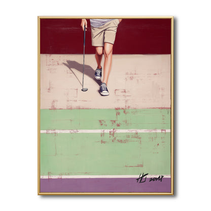 Original geometric golf painting of legs walking. Burgundy, beige, and mint green color blocks create a modern graphic vibe.