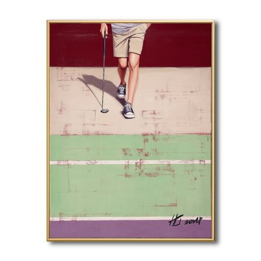 Original geometric golf painting of legs walking. Burgundy, beige, and mint green color blocks create a modern graphic vibe.