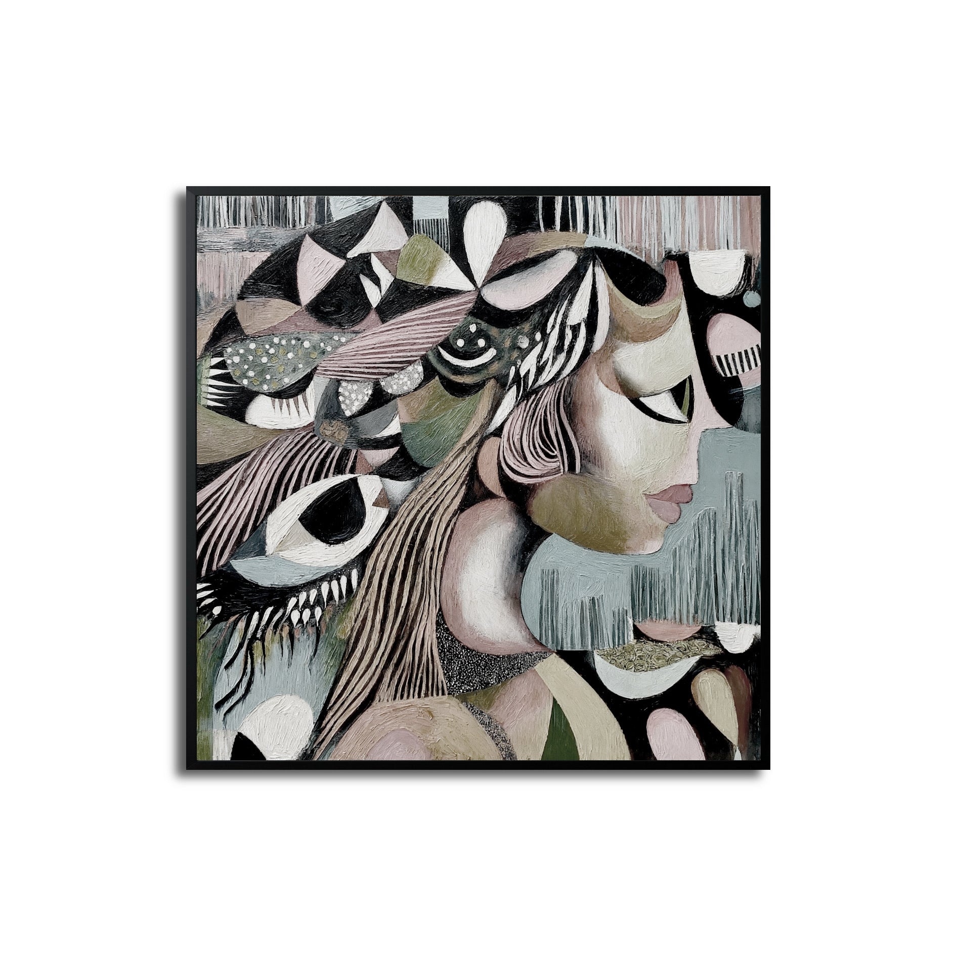 An original neo-expressionist painting with a yellow figure and a pink crowned head on a textured blue and white background.